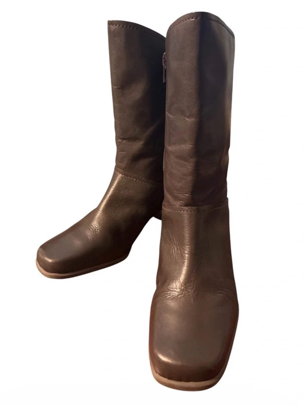 VTG  Brown Leather Boots Y2K Square Toe Mid Calf Chunky Heel Comfort Booties 7